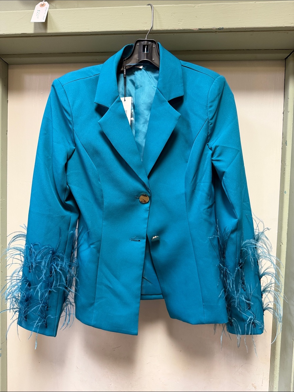 Feather-Trim Teal Women's Blazer Jacket